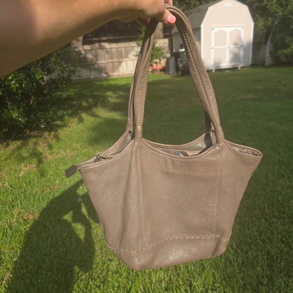The Sak Handbags - Pebbled Leather Tote Bag Taupe Brown Whipstitch Shoulder Handbag Slouchy Hobo